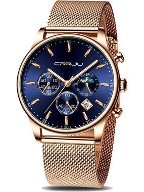 Men's Rose Gold Blue Chronograph Waterproof Steel Quartz Mesh Strap Casual Watch